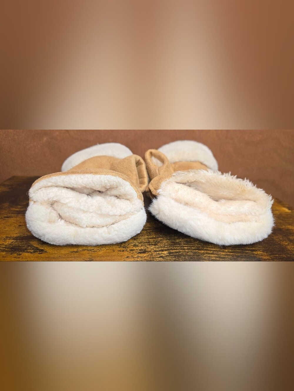 Tan Faux Suede Convertible Fingerless Gloves Mittens with Sherpa Fleece Trim